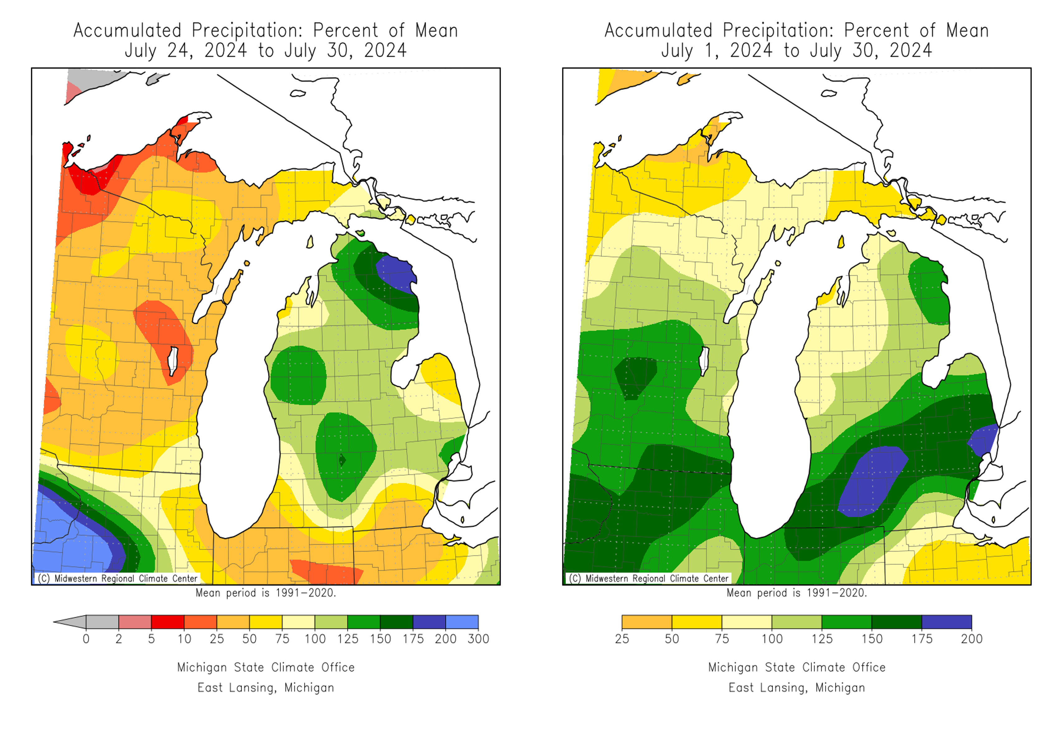 Maps of Michigan showing precipitation totals.